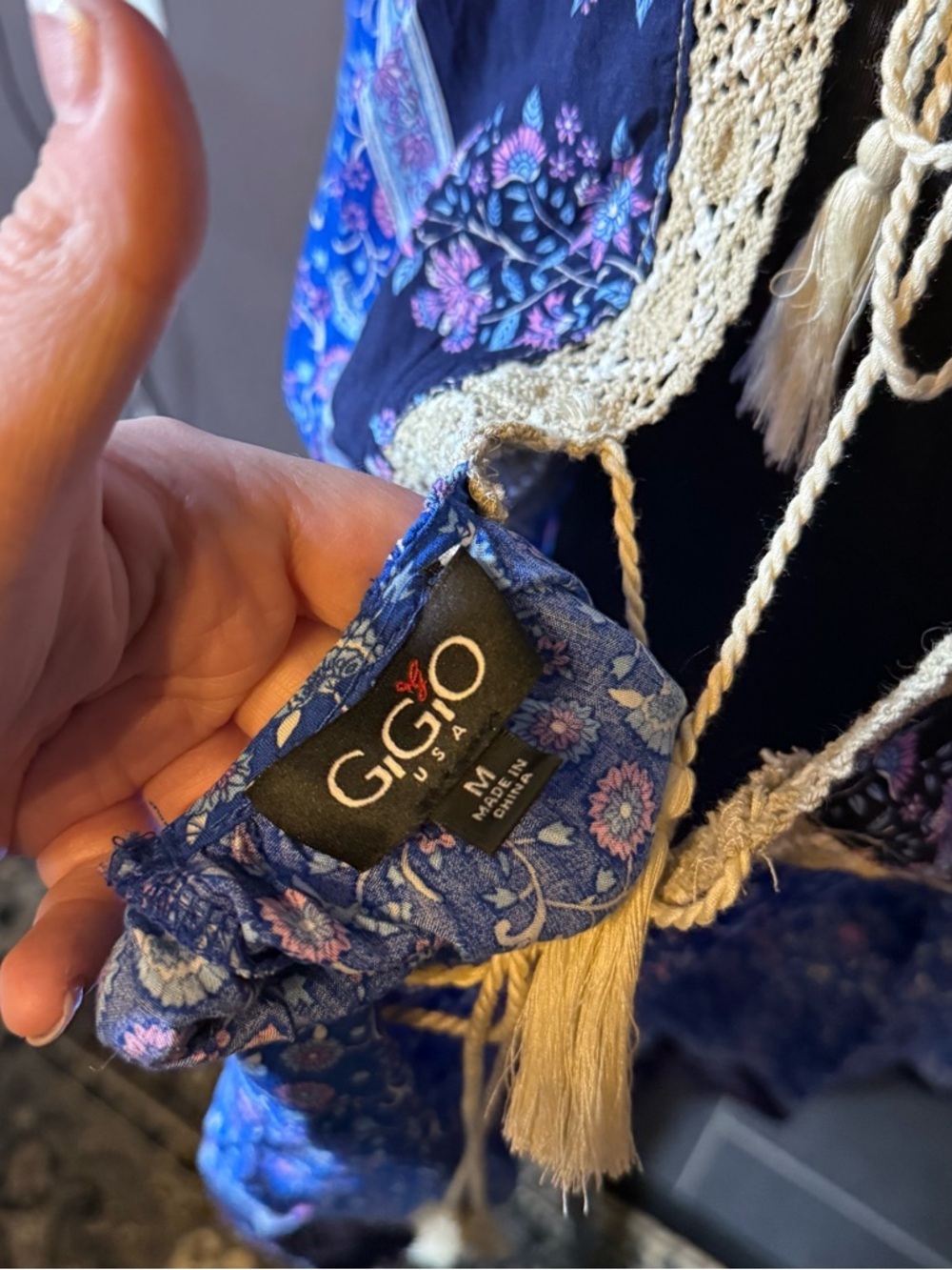 Boho Floral Blue Mini Dress with Lace Trim - Picture 4 of 4